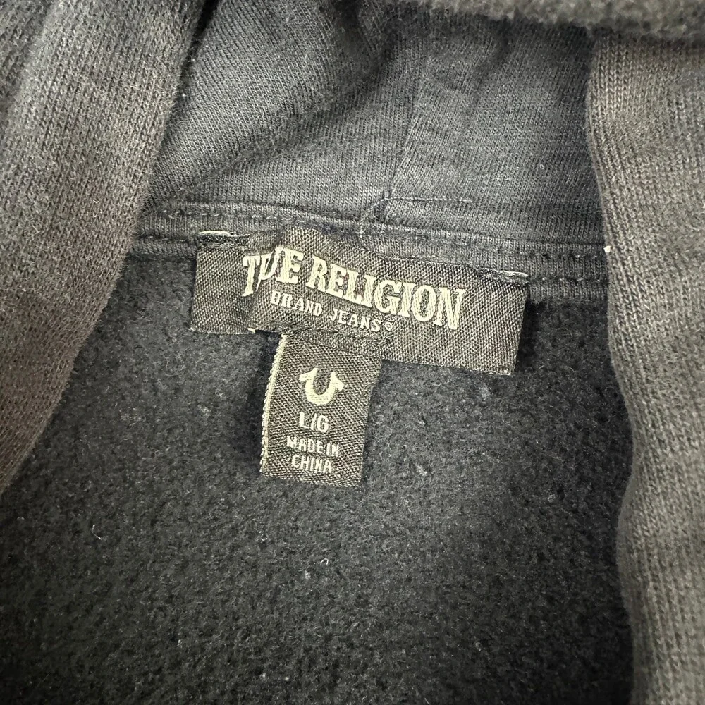 True Religion Hoodie Men Large Black Pullover Box Logo Graphic Sweatshirt L
